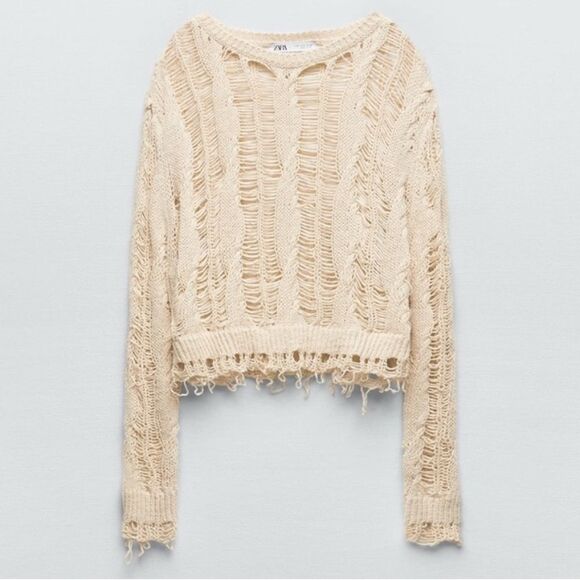 Zara Distressed Beige Laddered Knit Long Sleeve Crop Top Size Small - Picture 2 of 16